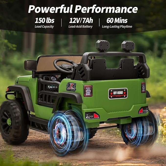 2 Seater Ride on Car Truck, 12V Kids Electric Ride on Toy for Big Kids Age 3-8 w/Remote Control- Army Green-CubbioJoy