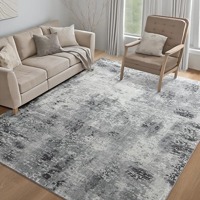 Kelarea Living Room Rug 8x10 Grey Rug Machine Washable Large Area Rugs, Non Slip Abstract Vintage Indoor Carpet for Bedroom, Nursery, Classroom, Dining Room, Home Office-CubbioJoy