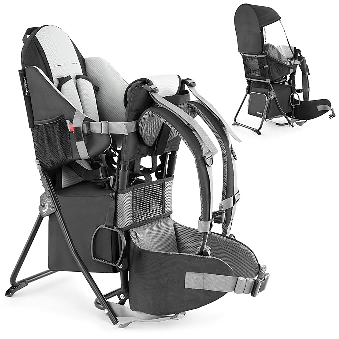 besrey Baby Backpack Carrier, Toddler Hiking Backpack with Safety 3-Height Seat, Adjustable Straps&Waist Belt, Foldable Frame Lightweight Large Capacity Child Carrier for Hiking (Black)-CubbioJoy