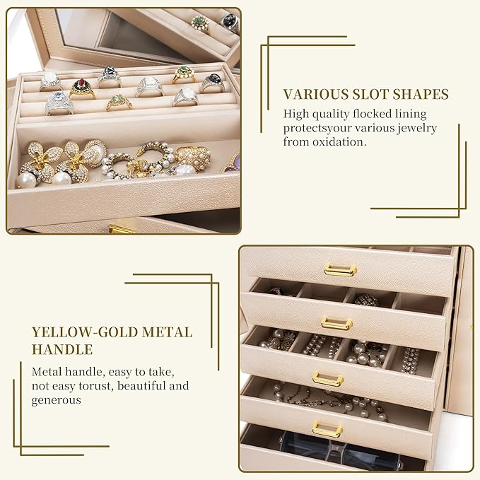 AKOZLIN Huge Jewelry Box Organizer Functional Extra Large Leather Jewelry Storage Case for Women Girls Ring Necklace Earring Bracelet Holder Organizer with Mirror-CubbioJoy