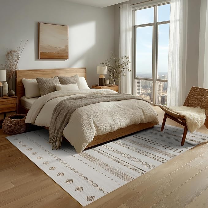 9x12 Area Rug Living Room Rugs, Boho Stain Resistant Washable Rug, Vintage Large Non-Slip Backing, Low Pile Lightweight Print Rug for Bedroom Dinning Room Home Office (Beige)-CubbioJoy