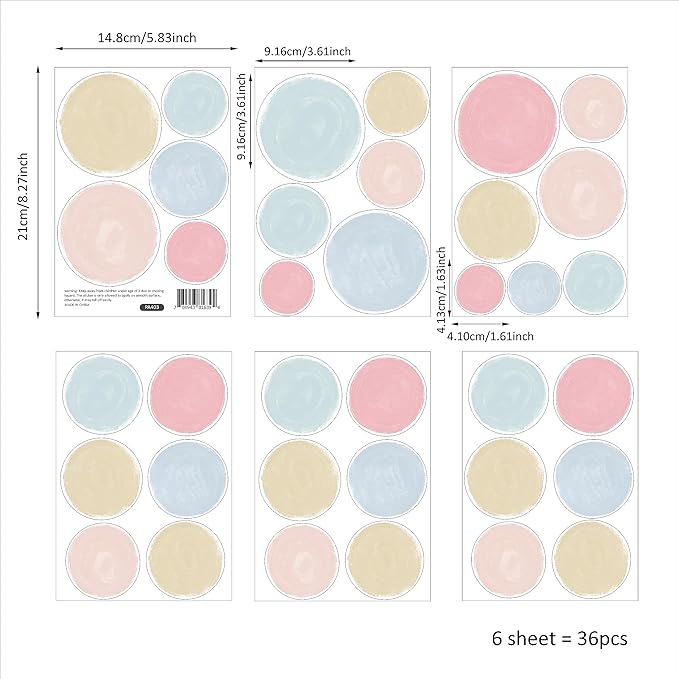 Colorful Polka Dot Wall Decals 36 PCS, Watercolor Dots Wall Sticker for Girls Bedroom Removable Wall Decals Nursery Kids Room Decor (6 Sheets)-CubbioJoy