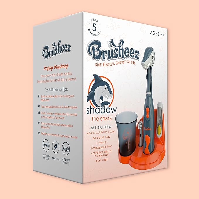 Brusheez Kids’ Electric Toothbrush Set - Safe & Effective for Ages 3+ - Parent Tested & Approved with Gentle Bristles, 2 Brush Heads, Rinse Cup, 2-Minute Timer, & Storage Base (Shadow The Shark)-CubbioJoy