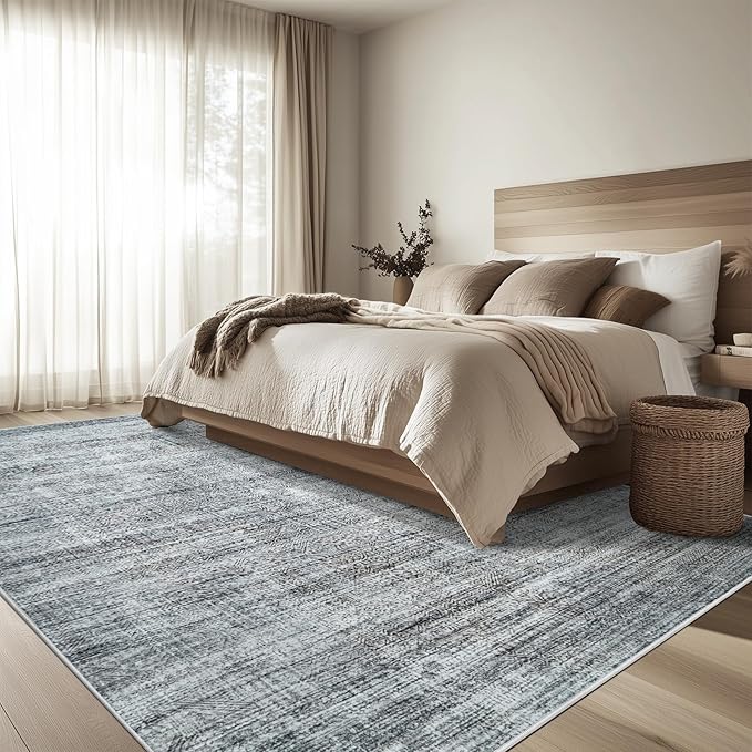 9x12 Area Rug Living Room Rugs - Washable Rug Large Modern Abstract Soft Thin Carpets Indoor Floor No Slip Vintage Carpet for Bedroom Under Dining Table Nursery Home Office Decor Gray Blue-CubbioJoy