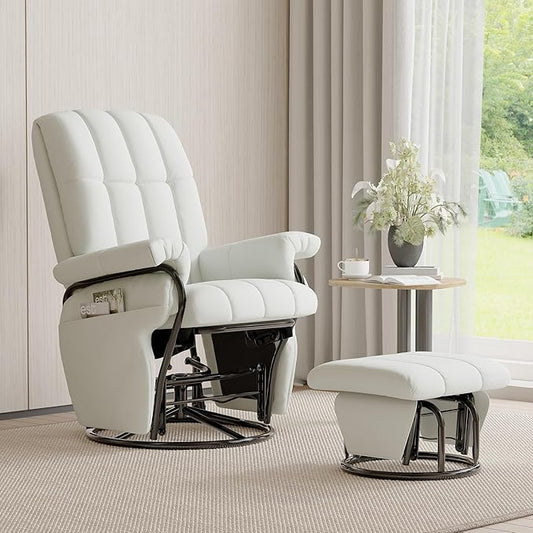 JIASTING 360° Swivel Leather Recliner Chair with Ottoman & Double Side Pockets, Nursing Glider Rocking Recliner Chair, Gliding Chairs for Nursery, Living Room, Office, Bedroom, Metal Frame (White)-CubbioJoy