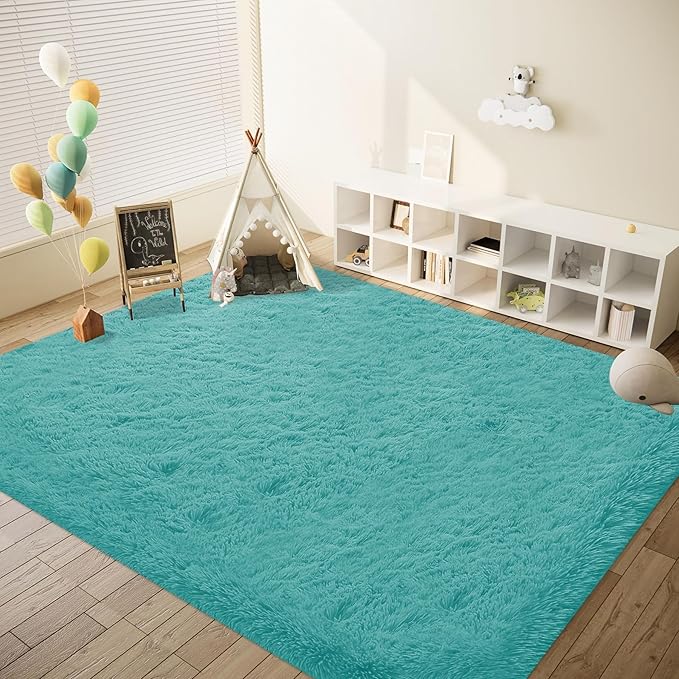6x9 Area Rug for Living Room: Fluffy Shag Soft Washable Rugs Large Fuzzy Plush Indoor Carpet for Bedroom Nursery Playroom Kids Girls Boys Room (Teal Blue, 6'x9')-CubbioJoy
