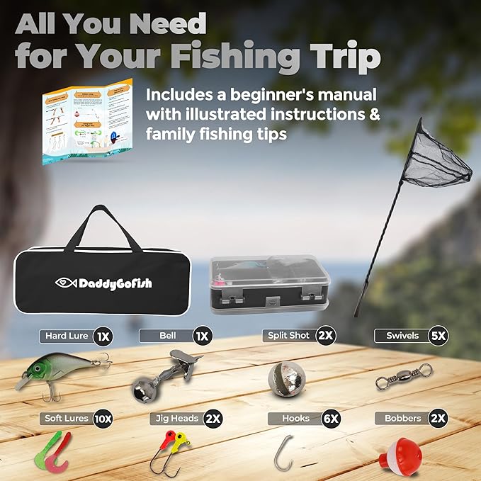 DaddyGoFish Kids Fishing Pole - Rod Reel Combo Tackle Box Starter Set - First Year Small Gear Kit for Boys Girls Toddler Youth Age Beginner Little Children-CubbioJoy