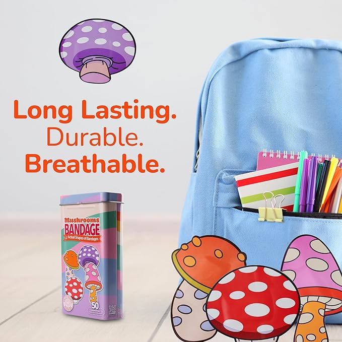 BioSwiss Bandages, Mushroom Shaped Self Adhesive Bandage, Latex Free Sterile Wound Care, Fun First Aid Kit Supplies for Kids and Adults, 50 Count-CubbioJoy