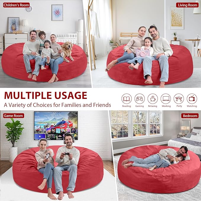 7FT Bean Bag Chair, Large Bean Bag Chairs with Memory Foam Filled, Fluffy Beanbag Sofa with Dutch Velvet Cover, Round BeanBag Chairs for Living Room, Playroom - Red-CubbioJoy