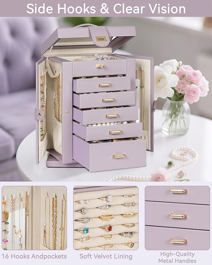AKOZLIN 360° Rotating Jewelry Box 6-Tier Organizer Functional Jewelry Storage Case for Women Girls Ring Necklace Earring Bracelet Holder with Mirror Purple-CubbioJoy