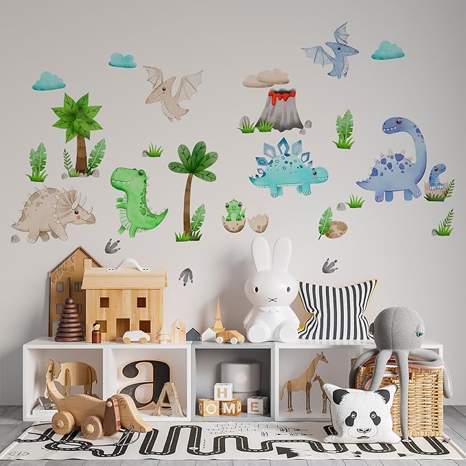 Dinosaur Wall Decals by Lipastick - Peel and Stick Palm Tree Dino Jurassic-Themed Stickers for Baby Nursery, Kids Room, Toddler Bedroom, Playroom, Daycare, Classroom Decor -S Size-CubbioJoy