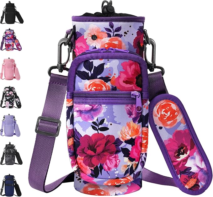 32 40 oz Water Bottle Carrier with Strap, Neoprene Water Bottle Sleeve Bag with 2 Pockets Insulated Flask Sling Holder for Walking Hiking Gym-CubbioJoy