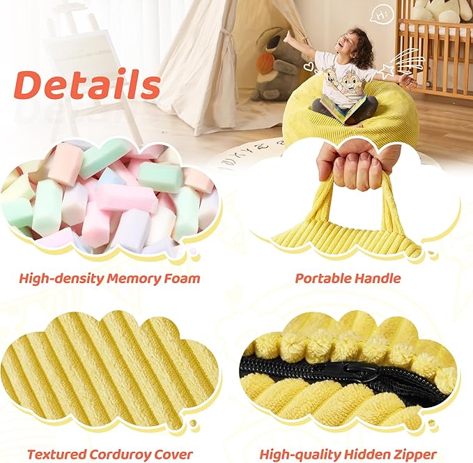 Bean Bag Chairs Teardrop Bean Bag Chair Beanbag Chair with Memory Foam Filled Machine Washable Cover for Living Room, Bedroom (Small,Yellow)-CubbioJoy