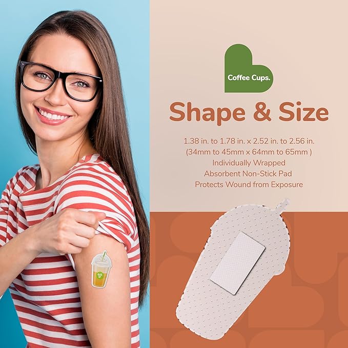 BioSwiss Bandages, Coffee Cup Shaped Self Adhesive Bandage, Latex Free Sterile Wound Care, Fun First Aid Kit Supplies for Kids, 50 Count-CubbioJoy