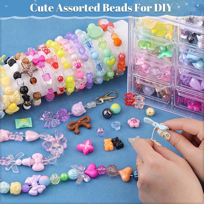 Assorted 500PCS 10 Colors Mixed Acrylic Beads for Bracelet Making, Flower Bow Butterfly GummyBear Aesthetic Bracelet Charms,Cute Beads for Jewelry Making DIY Necklace Keychain Phone Charm-CubbioJoy