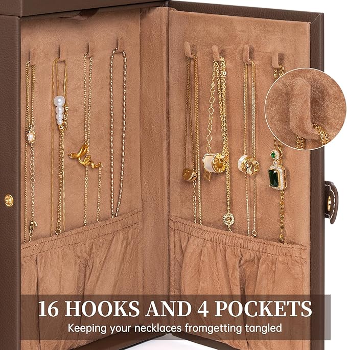 AKOZLIN 6-Tier Jewelry Box Organizer Functional 5 Drawers Leather Jewelry Storage Case for Women Girls Ring Necklace Earring Bracelet Holder Organizer with Mirror Brown-CubbioJoy