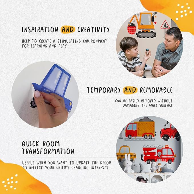 Car Wall Decals by Lipastick - Peel and Stick Transport Road Trucks Stickers for Boys Room, Toddler Bedroom, Baby Nursery, Kids Playroom, Living Room- Removable Decor - L Size-CubbioJoy