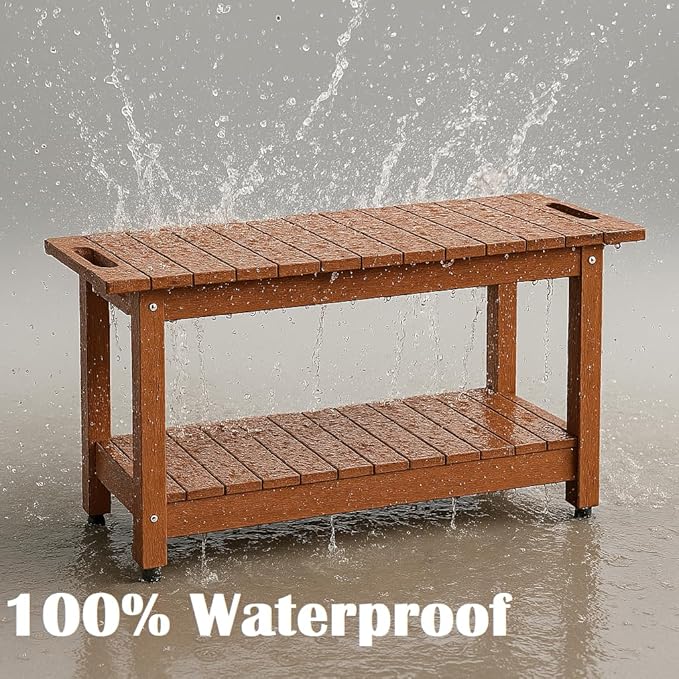 35" Shower Bench, Waterproof Poly Lumber Shower Stool for Shaving Legs, Shower Chair Seat Holds up to 400lbs, Bathroom Bench for Inside Shower, Non-Slip (Brown)-CubbioJoy