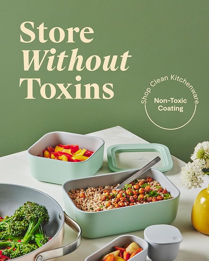 Caraway Glass Food Storage - 6.6 Cup Glass Container - Ceramic Coated Food Container - Non Toxic, Non Stick Lunch Box Container with Glass Lids - Dishwasher, Oven, & Microwave Safe - Sage-CubbioJoy