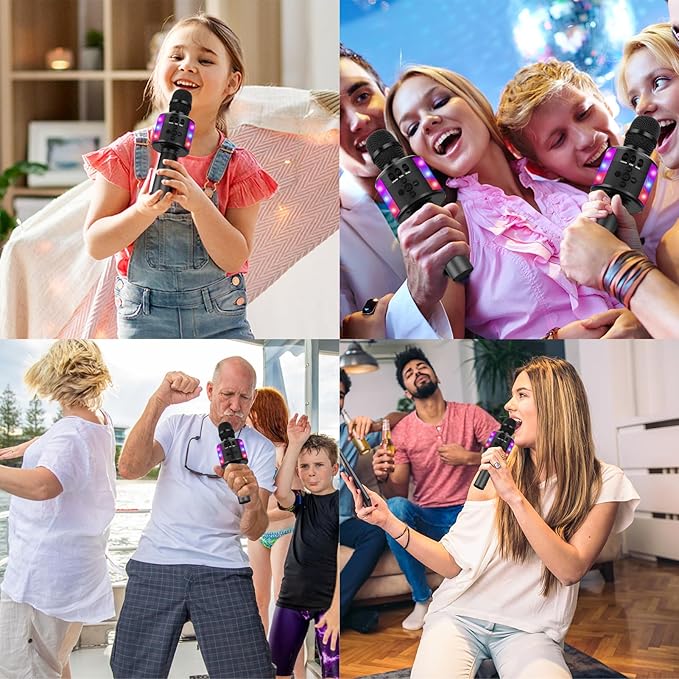 BONAOK Karaoke Microphone for Kids & Adults - Bluetooth Microphones Singing Mic with Disco Lights, Echo Effect, Built-in Speaker Portable Karaoke Player for Party Travel Gifts Q78(Black)-CubbioJoy