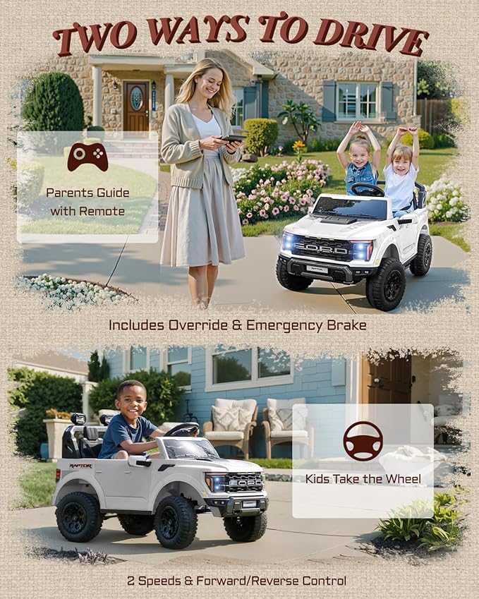 24V Kids Ride On Truck, Licensed Ford F-150 Raptor 2 Seater Electric Car w/Remote Control, Toddler Ride On Car Toys w/LED Lights, Bluetooth, Music, Truck Bed Storage, Soft Start (White)-CubbioJoy