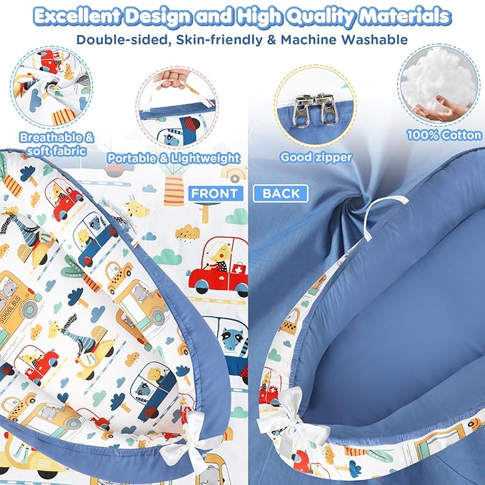 Baby Lounger - Baby Lounger for Newborn 0-24 Months, Breathable and Soft Cotton Cover Baby Nest, Portable Cozy Tummy Time Lounger for Home and Travel, Ideal Baby Essentials & Shower Gifts-CubbioJoy