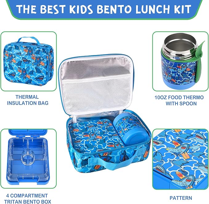 Bento Lunch Box Set With 10oz Soup Thermo, Leak-proof Lunch Containers with 4 Compartment, Kids Hot Thermo Food Jar/Insulation Lunch Bag, Food Containers for School（Shark）-CubbioJoy