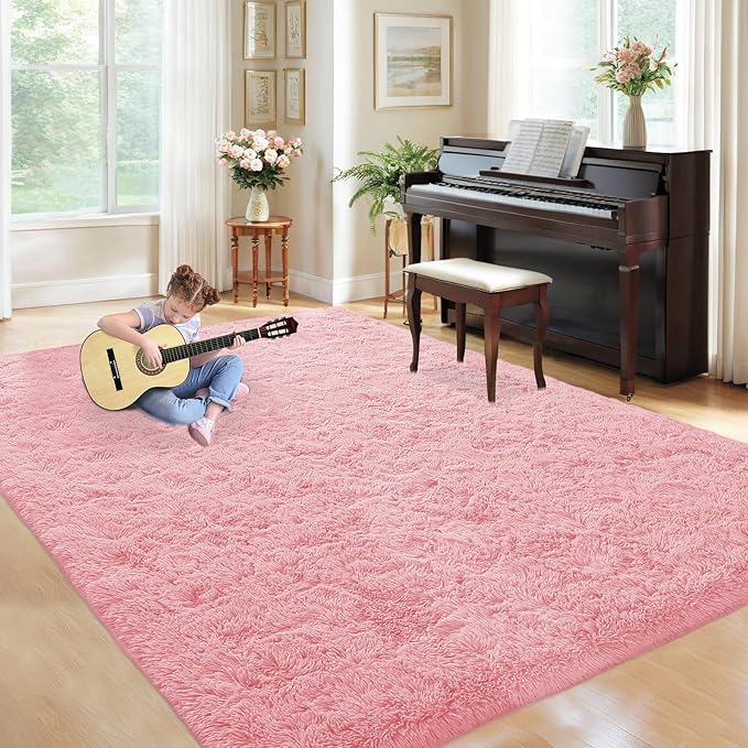 5x7 Area Rug for Living Room: Fluffy Shag Soft Washable Rugs Fuzzy Plush Indoor Carpet for Bedroom Nursery Playroom Dorm Kids Girls Boys Room (Pink, 5'x7')-CubbioJoy