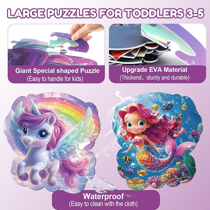 45pcs Unicorn & Mermaid Double-Sided Floor Puzzles, Ages 3-8, 27.6x32 In, Waterproof, EVA Material, Jumbo Jigsaw Puzzle, 1 Set of 45 Pieces-CubbioJoy