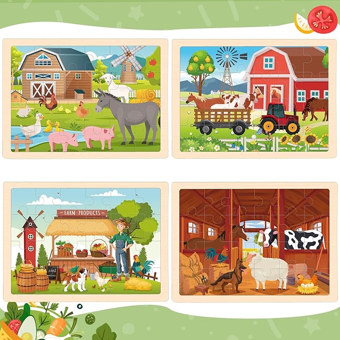 4-in-1 Farm Wooden Puzzles for Kids Ages 4-6, 24 PCS Wooden Jigsaw Puzzles for Toddlers Ages 2-4, Preschool Educational Puzzles Boards Toys Gifts for 3 4 5 6 Boys Girls-CubbioJoy