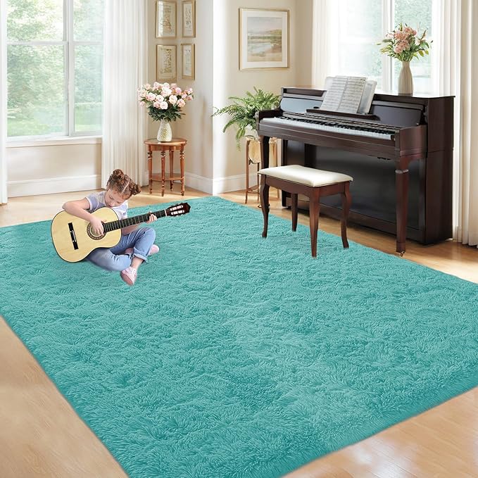 5x8 Area Rug for Living Room: Fluffy Shag Soft Washable Rugs Fuzzy Plush Indoor Carpet for Bedroom Nursery Playroom Dorm Kids Girls Boys Room (Teal Blue, 5'x8')-CubbioJoy
