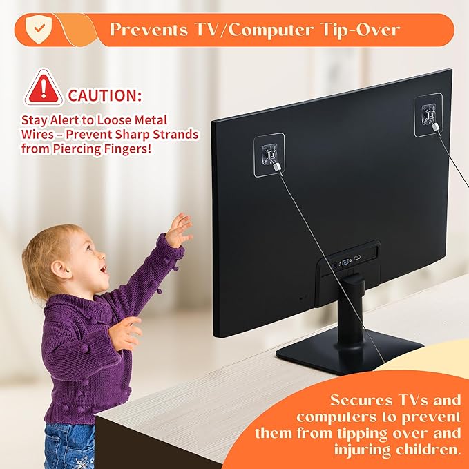8 Pack 40" TV Safety Stainless Steel Straps Adjustable, Adhesive Anti-Tip Furniture Anchor for Flat Screen, TV and Furniture Safety Straps for Baby Proofing-CubbioJoy