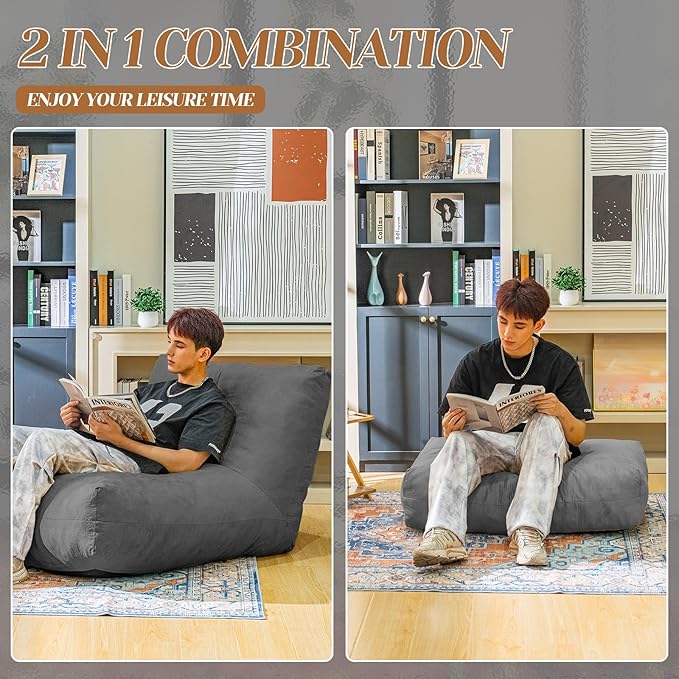 Bean Bag Chair with Ottoman, Comfy Bean Bag Sofa with Memory Foam, Lazy BeanBag Sofa with Footstool, Fireside Bean Bag Couch for Living Room, Bedroom, Apartment-CubbioJoy