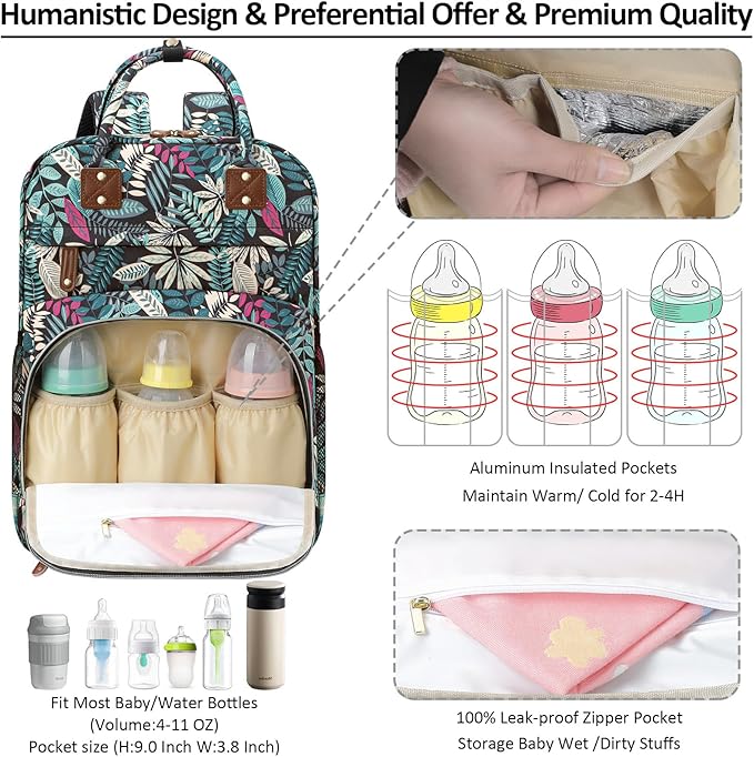 Diaper Bag Backpack Tote for Women Large Capacity, Baby Bag with Insulated Pockets Multifunctional Diaper Bags For Baby Girl Boy Waterproof Baby Bags For Boys Girls Mama Maternity Bag Colorful Leaves-CubbioJoy