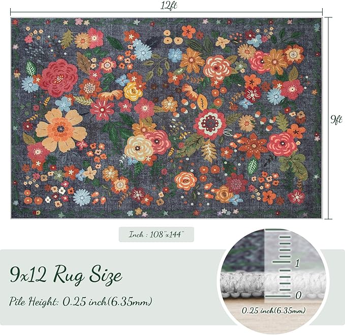 9x12 Area Rug for Living Room: Vintage Floral Washable Rug Soft Boho Non Slip Carpet Large Indoor Floor Non Shedding Low Pile Thin Carpets for Bedroom Dining Room Farmhouse Nursery Home Office Black-CubbioJoy