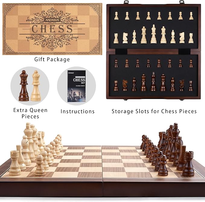 AMEROUS 15'' Magnetic Wooden Chess Set for Adults Kids - with Folding Board, Gift Package, Pieces Storage Slots, Handmade Pieces,Chess Board Game Set for Tournament Professional Beginner-CubbioJoy