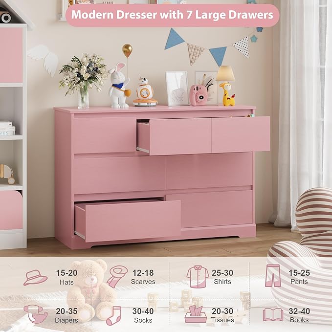 Dresser for Bedroom, Modern Pink Dresser, Wood Chest of Drawers Nursery Dressers, with Storage, 7 Drawer Double with Handle Free, Large Storage Organizer for Living Room,Pink-CubbioJoy