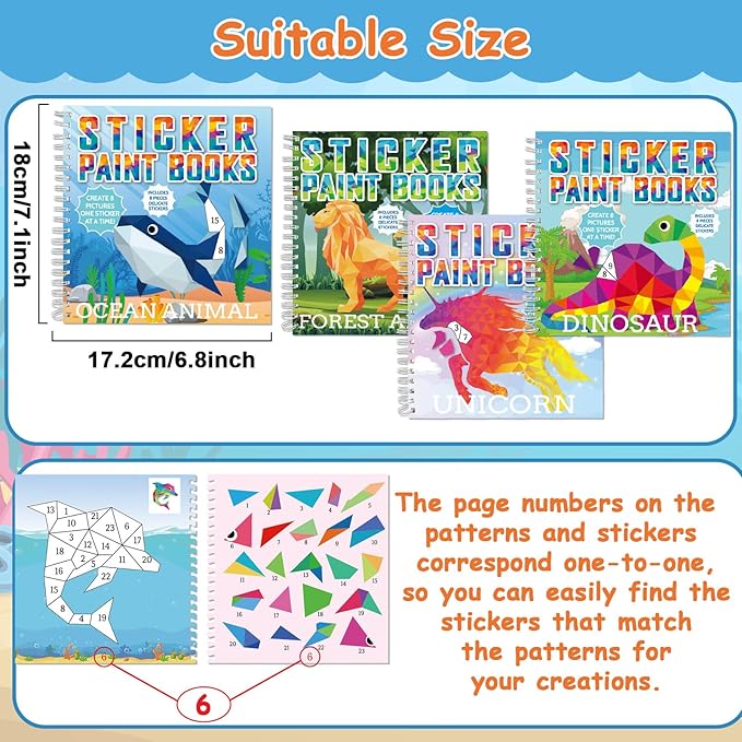 4 Pcs Paint by Sticker Books for Kids Ages 4-8 Sticker by Number Books Activity Book for Kids Ages 3-5 Sticker Puzzle Book Craft Art Toddler Girls Gift with Dinosaur Unicorn Ocean Animal 32 Pictures-CubbioJoy