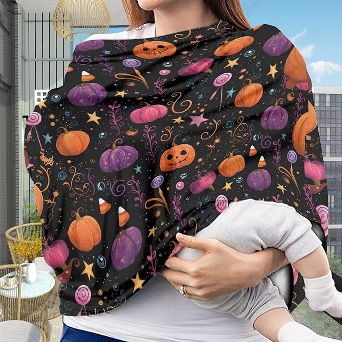 Binienty Infant Carseat Canopy, Cute Halloween Pumpkin Nursing Cover Soft Breathable Baby Car Seat Covers, Gifts for Mom Lover Wife-CubbioJoy