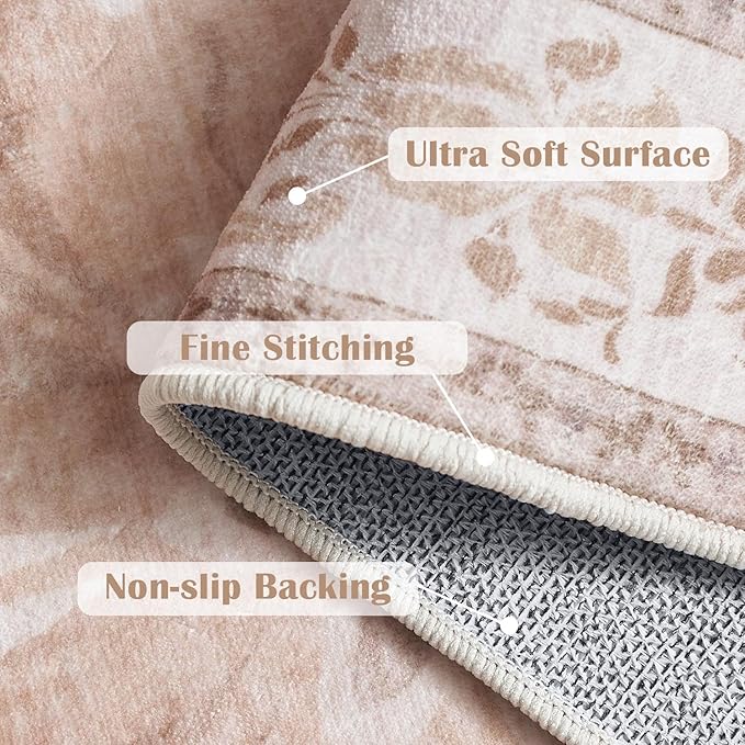 jinchan Vintage Floral 3x5 Area Rugs for Entryway - Machine Washable Distressed Design Ultra-Thin Low-Pile Soft Non-Shedding Carpet for Kitchen Bedroom Entrance Laundry Living Room (3x5ft,Coral Pink)-CubbioJoy