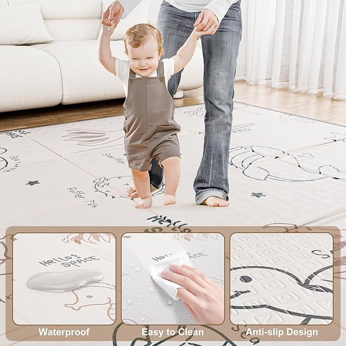 59x59 Baby Play Mat, Foldable Baby Mat for Floor Tummy Time and Crawling Mat, Waterproof & Anti-Slip Reversible Portable Play Mat for Toddler Infant-CubbioJoy