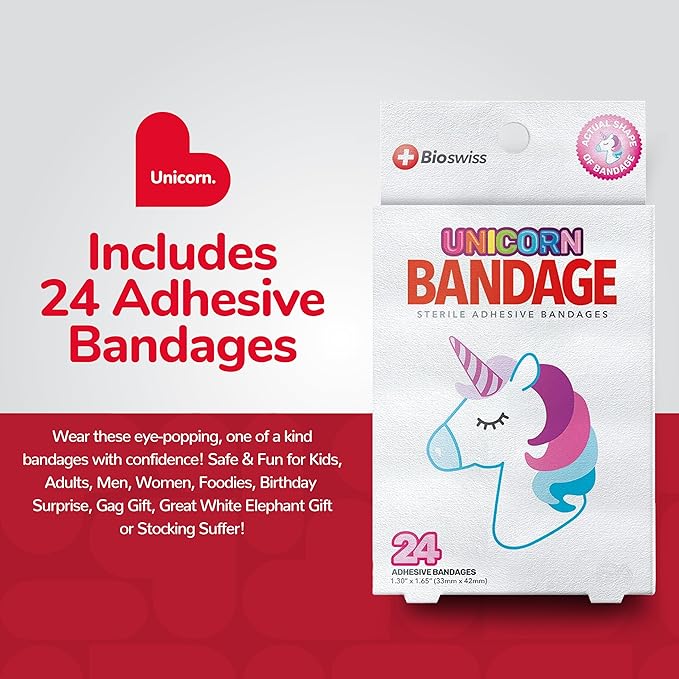 BioSwiss Bandages, Unicorn Shaped Self Adhesive Bandage, Latex Free Sterile Wound Care, Fun First Aid Kit Supplies for Kids, 24 Count-CubbioJoy