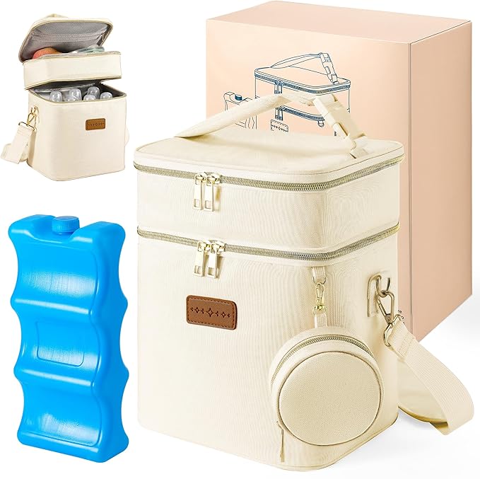 Breastmilk Cooler Bag with Ice Pack & Pacifier Case, Large Double Layer Insulated Baby Bottle Cooler Fits 6 Bottles, Breast Pump Storage Bag for Working Nursing Moms, with Gift Box-CubbioJoy