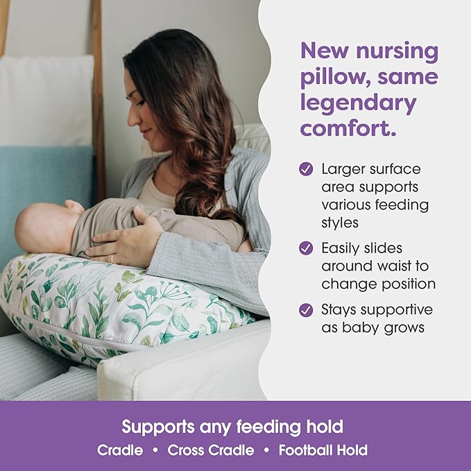 Boppy Nursing Pillow - Ergonomic Bottle & Breastfeeding Pillow with High, Firm, Large Area, Water-Repellent Cushion with Washable Cover; Baby Safety Alliance Verified - Sage Green Leaf-CubbioJoy