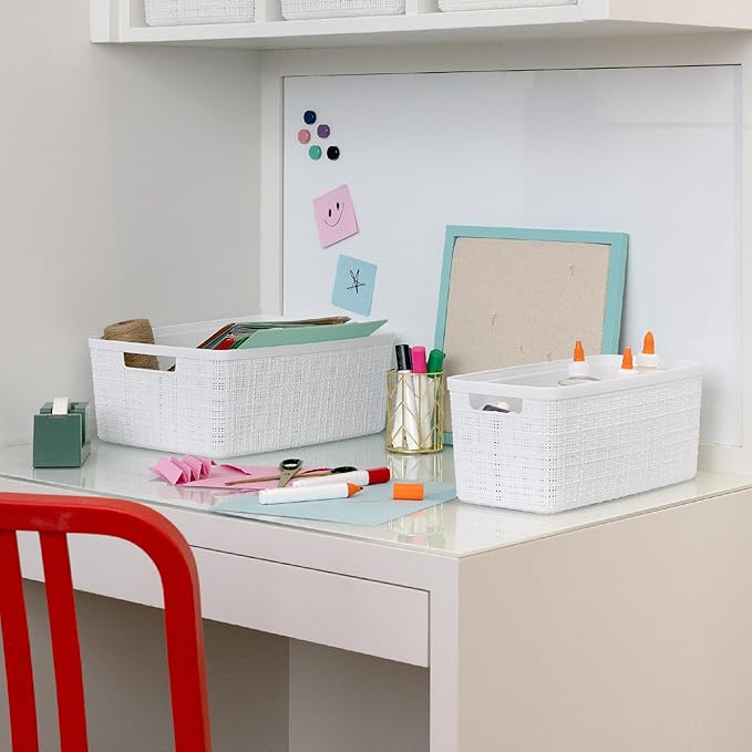 Curver Jute Decorative Plastic Organization and Storage Basket Perfect Bins for Home Office, Closet Shelves, Kitchen Pantry and All Bedroom Essentials, Slim, White, Set of 8-CubbioJoy