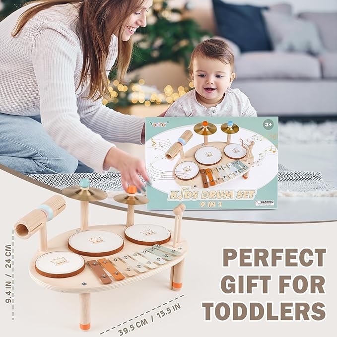 Drum Set - 9 in 1 Musical Instruments for for Toddlers 3+, Wooden Montessori Toys for Boy & Girls Easter Birthday Gifts, Musical Drum Set with Xylophone for Kids 3 4 5 6-CubbioJoy