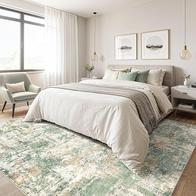 5x7 Area Rugs Living Room: Washable Large Abstract Soft Green Rug Stain Resistant Indoor Floor Non-Slip Accent Carpet for Men Modern Home Enthusiasts Aged 25-45 - Bedroom Office Playroom-CubbioJoy