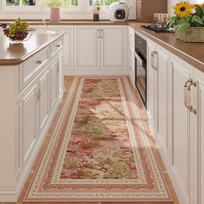2x6 Runner Rug Impressionist-Style Vintage Kitchen Rugs Non Slip Washable Soft Carpet Runner for Kitchen Laundry Bedroom Bathroom, Pink-CubbioJoy