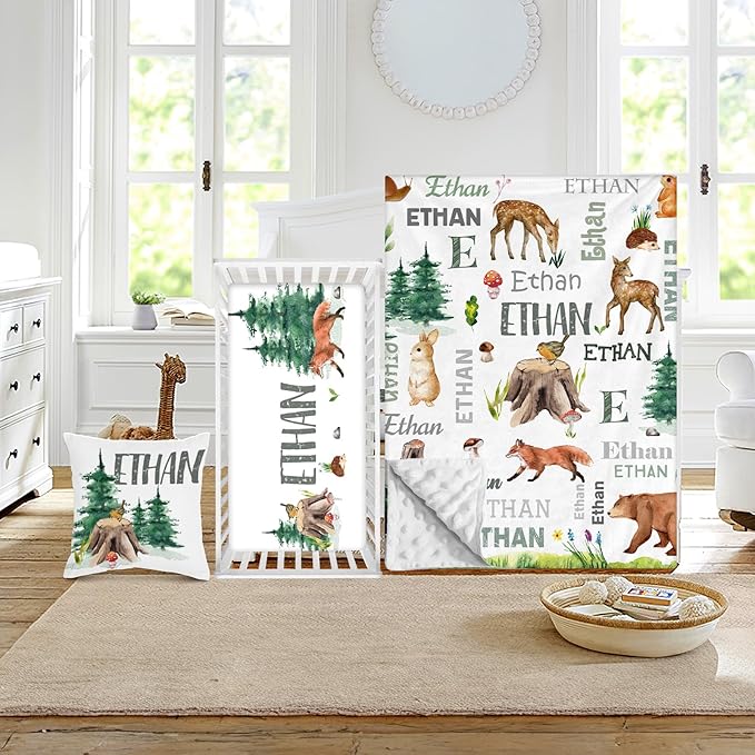Custom Crib Bedding Set - Woodland Animals Design Personalized Name Baby Nursery Bed 3 Pcs Set - Chic Soft Blanket with Dotted Backing, Sheet, Pillowcase for Newborn Girls Boys Gifts Color13-CubbioJoy