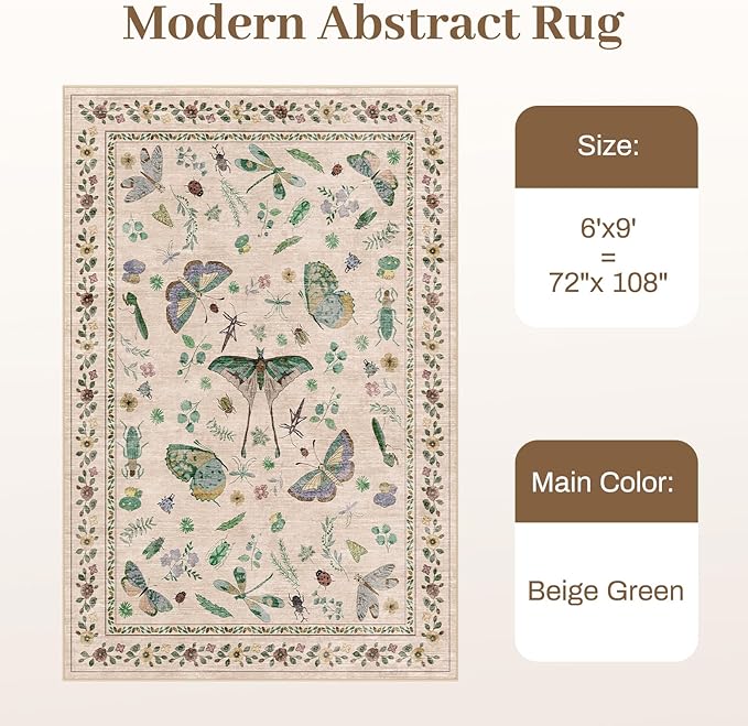6x9 Rugs for Living Room with Insect Print - Bug Rug Non-Silp Stain Resistant Soft Carpet for Bedroom, Low Pile Ultra-Thin Machine Washable Carpet for Dining Room, Kids Nursery, Office (6'x9' Beige)-CubbioJoy